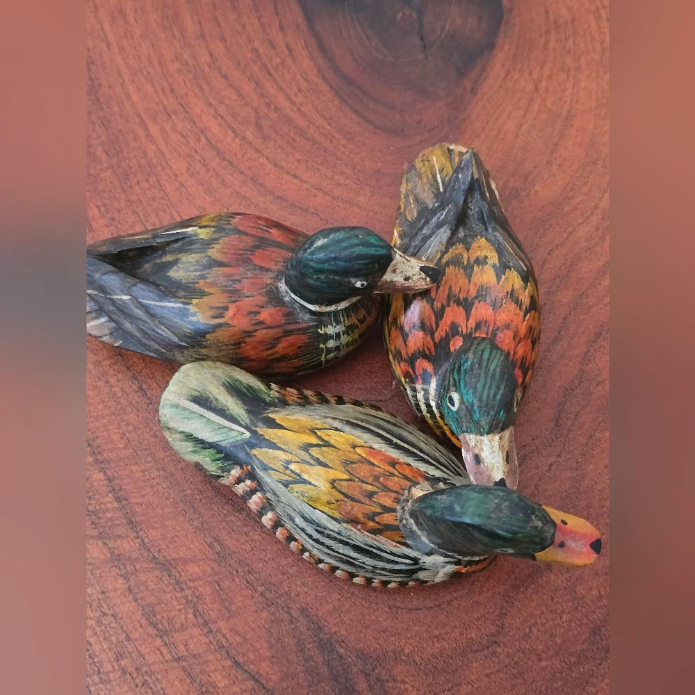 VINTAGE Handcrafted Wooden DUCKS Figurines - Multicolor SET OF THREE